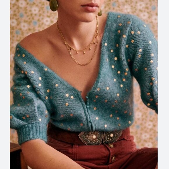 NWT Sezane Dolly Cardigan Blue/Gold Sweater Kid mohair French Casual - Picture 1 of 8